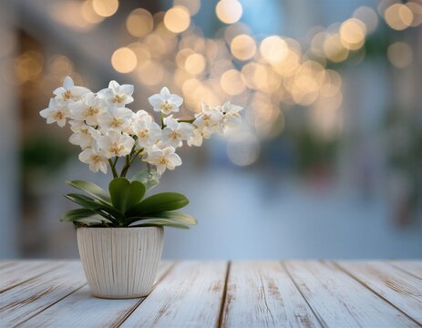 Una orqu&iacute;dea blanca florece en una maceta de cer&aacute;mica sobre una mesa de madera clara, con un fondo azul difuminado.