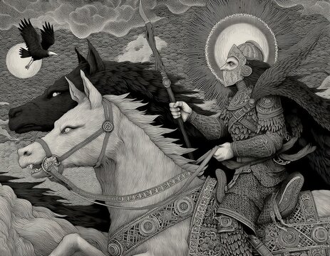 Una representaci&oacute;n estilizada de un jinete alado montado en un corcel blanco, con un cuervo volando y una luna llena en el fondo.
