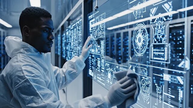 Engineer in protective gear interacts with futuristic interface displaying technical designs and schematics in a high-tech laboratory setting
