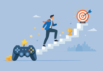  Gamification, business or marketing strategy using game challenge, achievement to engage with customer, winning motivation, joyful businessman walk up stair from gaming joystick to achieve target © JWEL