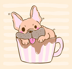 Cute french bulldog grumpy in big coffee cup cartoon hand drawn derp funny relatable humor dog illustration