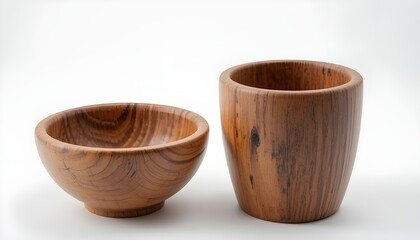 Empty wooden bowls, wooden cup isolated on white background.