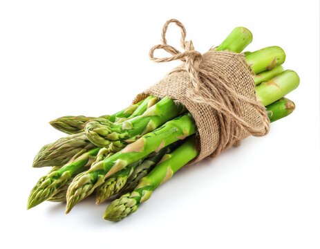 Un manojo de esp&aacute;rragos frescos atados con una cuerda de yute.