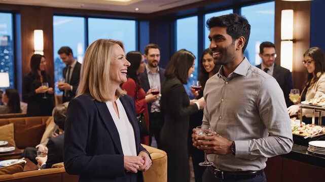 Woman and man in formal business attire converse at corporate event with group of professionals in background, holding drinks at evening city venue. 