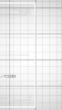 Vertical video: On data feed, white frame animating markers and lines, rising to show performance