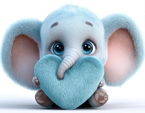 Un adorable beb&eacute; elefante azul abrazando un coraz&oacute;n de peluche.