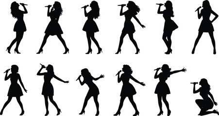 Fototapeta premium Silhouette illustration of female singer performing with microphone in twelve dynamic stage poses, expressive concert movements, and artistic design for music, entertainment, and performance themes