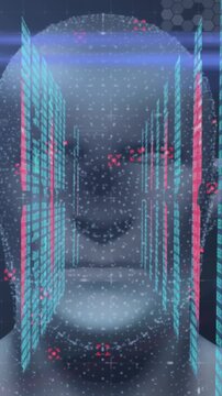 Vertical video: Corridor pulsing, dome forming, particles drifting, face mask emerging for data