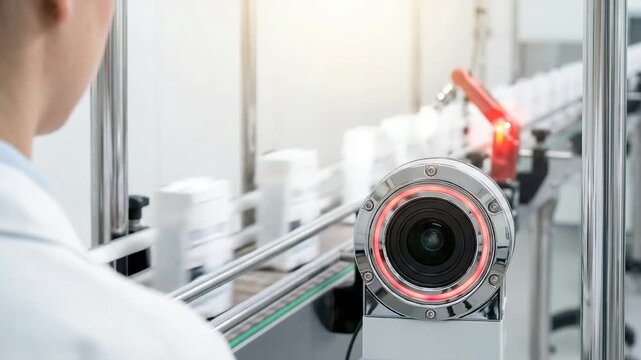 production line with robotic equipment and packaging activities. The setting highlights automation processes with a focus on industrial operations