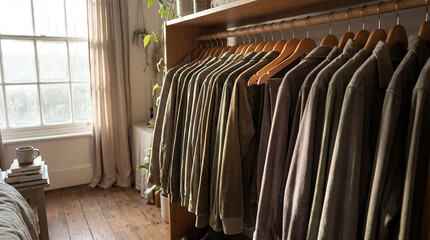 clothing rack with blazers in cozy room interior by window