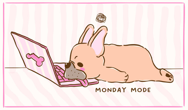 Cute french bulldog work from home sploot on Laptop burnout lazy cartoon hand drawn