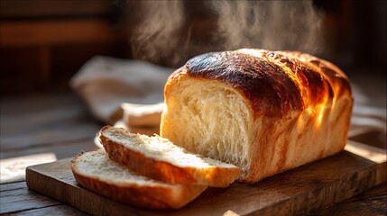 Steaming Slices of Freshly Baked Homemade Bread / 湯気が立つスライスした焼き立ての自家製パン