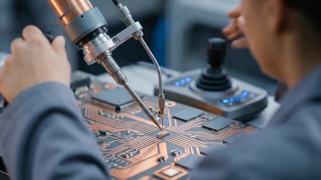 Technician performs precision soldering on printed circuit boards in a workshop environment. The focus is on detailed assembly work and high-tech equipment usage