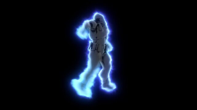 Electric meme dance. A glowing blue energy dancer with viral moves. Neon shock dance, viral animated character.