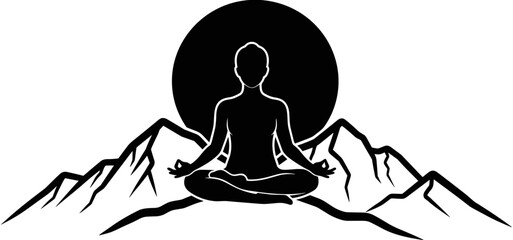 Obraz premium Yoga meditation silhouette of a person in lotus pose on mountain peaks with a large sun background for mindfulness.