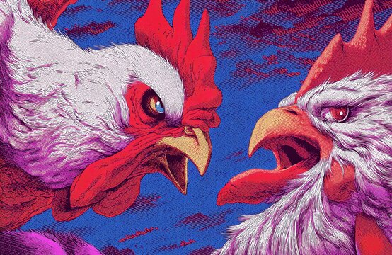 Dos gallos enfrentados en una confrontaci&oacute;n intensa.