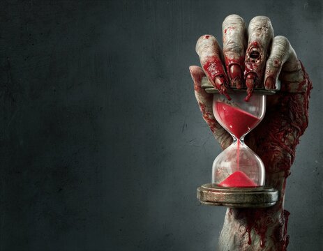 Una mano ensangrentada sostiene una reloj de arena con arena roja.