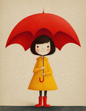 Una ni&ntilde;a sonriente bajo un paraguas rojo en un d&iacute;a lluvioso.