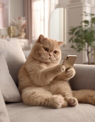 Un gato atigrado naranja se sienta en un sof&aacute; y usa un tel&eacute;fono m&oacute;vil.