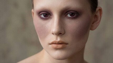 woman portrait with purple eye makeup and minimal beauty styling