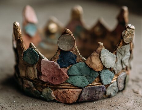 Una corona artesanal hecha con trozos de cer&aacute;mica y piedra, evocando un reino de fantas&iacute;a y reciclaje.