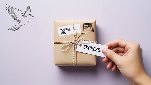 Human hand holding express shipping label on a priority mail package with a dove illustration