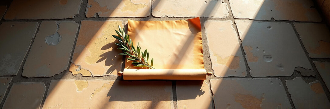 Ancient scroll with olive branch on tiled floor bathed in sunlight. Scroll features inscription and draped cloth with rich texture.