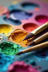 Obraz premium Close-up of paintbrushes and a palette brimming with vibrant, mixed colors, ready for an artistic endeavor The scene evokes creativity and the joy of painting , colorful, vibrant hues, tools