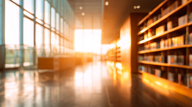 blurred modern public library interior bathed in warm sunrise light.