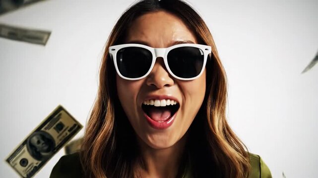 Wealth's Radiant Aura: A delighted individual, adorned in stylish sunglasses, exudes pure ecstasy as money cascades around them, symbolizing financial success and unbound joy.