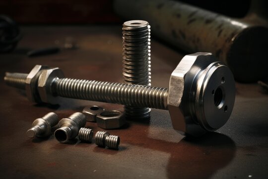 Metal bolts, nuts, and a threaded rod laying on a workshop surface, representing engineering and industry