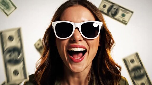 Winning the financial prize : A euphoric woman with a captivating smile is surrounded by falling dollar bills, celebrating the thrilling prospect of financial abundance and good luck