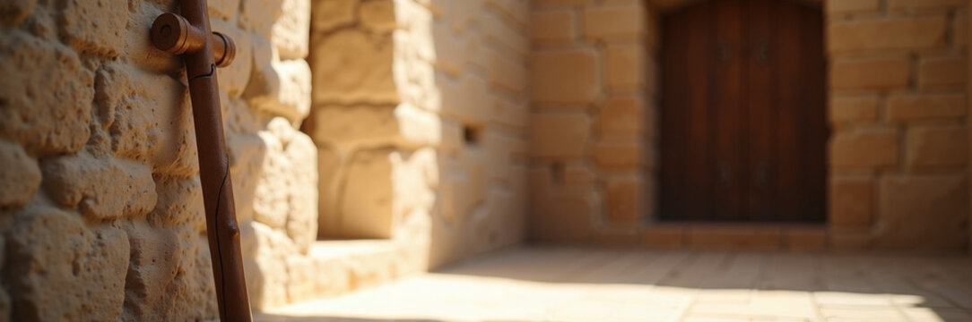 Bible scene featuring wooden staff resting against stone wall in ancient setting.
