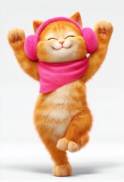 Un adorable gatito naranja bailando con auriculares y bufanda rosa.