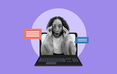 A woman looks surprised while using a laptop. Chat bubbles appear on the screen. The background is...