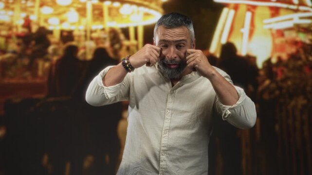 Man rubbing his eyes with bare hands at a street fair at night, beard and bracelets visible, rolled sleeves showing forearms; tired reflection.