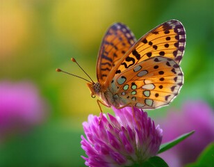 Obraz premium Una mariposa de alas naranjas y negras posada sobre una flor púrpura.