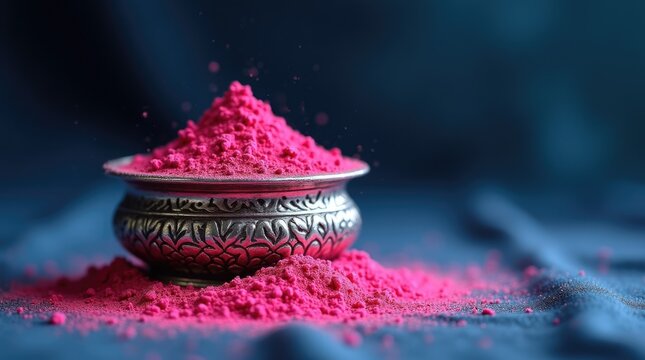 small, ornate silver box (gulal dani) overflowing with cascade of bright pink powder, placed on piece of raw indigo-dyed fabric, festive tradition.