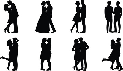 Silhouette illustration of forest wildlife and camping icons including bear, moose, wolf, pine trees, campfire, and owl for nature, outdoor, and adventure design