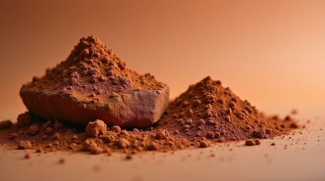 lump of multani mitti (fuller's earth) clay next to a small pile of brown powder on terracotta, earthy mineral source for natural Holi color.