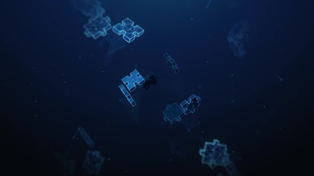 Lowpoly Jigsaw Puzzle Pieces Assembling to a Cube Spinning on the Corner - Animation Loop. Problem solving, synergy partnership, blockchain business solution animated looped concept on blue background