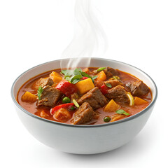 Hearty beef stew with vegetables in a bowl, steam rising