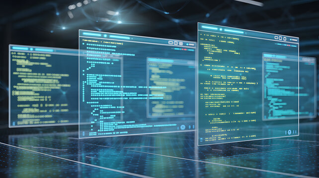 Digital screens displaying programming code representing software development and technology with a futuristic abstract background.