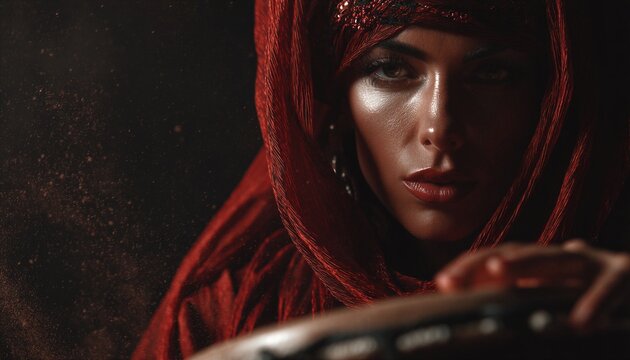 Retrato de una mujer envuelta en un velo rojo, tocando un tambor.