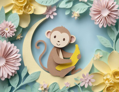 Un adorable mono de papel disfruta de una banana bajo la luz de la luna.