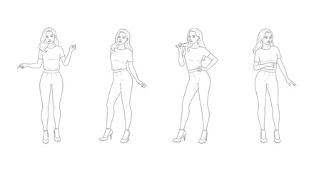 Fashionable Woman Poses: Four Stylish Outfits and Dynamic Stances