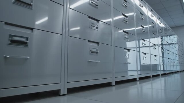 Rows of metallic grey filing cabinets stretch into the distance, reflecting light
