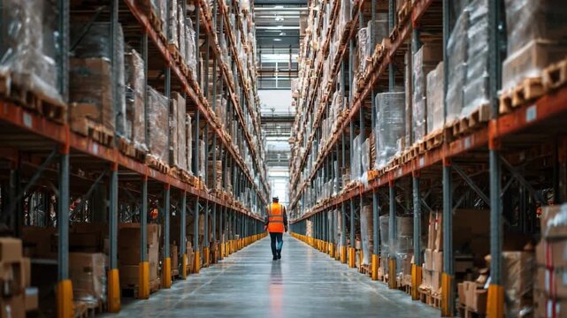 Security personnel walking through a warehouse aisle carefully examining storage areas during a routine midday contraband inspection.
