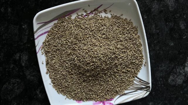 Dried cumin seeds (Jeera) served on a white square floral plate over a dark background