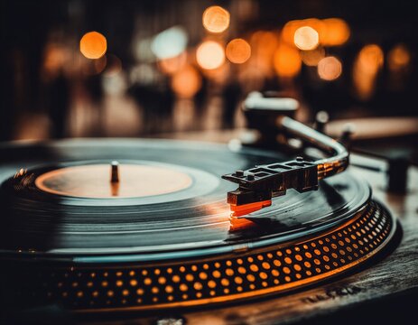 Primer plano de un tocadiscos con la aguja sobre un disco de vinilo, con un fondo borroso de luces.